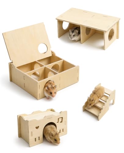 4-Piece Wooden Hamster Hideout Set, Multi-Chamber Maze House, Hideout-Tunnel & Climbing Ladder, Wood Cage Accessories for Dwarf Hamsters & Mice
