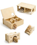 4-Piece Wooden Hamster Hideout Set, Multi-Chamber Maze House, Hideout-Tunnel & Climbing Ladder, Wood Cage Accessories for Dwarf Hamsters & Mice