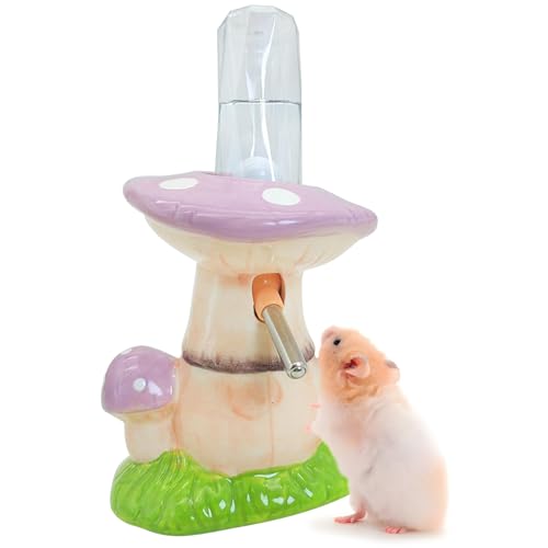 PINVNBY Hamster Water Bottle No Drip Ceramic Automatic Gerbil Water Bottle 80ML Water Dispenser with Mushroom Stand Holder for Gerbils Syrian Hamsters Dwarf Hamsters Mice (Purple) - color: Purple