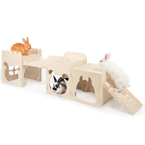 Extra Large Rabbit Castle, Wooden Bunny House & Training Bridge, Detachable Rabbit Hideaway, Indoor Hamster Castle with Ramp, Small Animal Houses & Habitats for Guinea Pig Chinchilla Ferret(2+1 House) - size: Extra Large-2+1 House