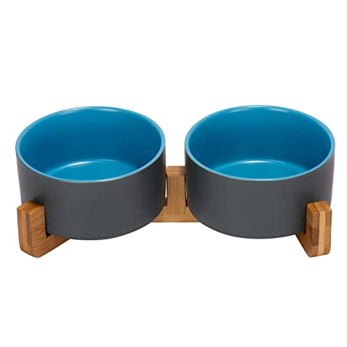 SPUNKYJUNKY Ceramic Dog and Cat Bowl Set with Wooden Stand, Modern Cute Weighted Food Water Set for Small Size Dogs (13.5OZ) & Medium Sized Dogs (28.7OZ) & Cats (3.6 Cups, 2 × Blue-Grey) - color: Blue-Grey × 2, size: 3.6 cups
