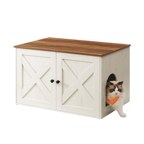 Feandrea Cat Litter Box Enclosure, Litter Box Furniture Hidden with Removable Divider, Indoor Cat House, End Table, 31.5 x 20.9 x 19.7 Inches, Honey Brown and Rustic White UPCL002P01 - color: Honey Brown + Rustic White, size: L (31.5"L x 20.9"W x 19.7"H)