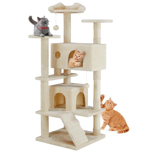Sweetcrispy 54-Inch Cat Tree Tower – Multi-Level with Sisal Scratching Post, Perfect Pet Gift, Indoor Condo with Climbing Ladder, Plush Toy, and More Animal Stuff, Beige | Multi-Level with Indoor Cat Condo with Climbing Ladder, Plush Toy, Play House for P