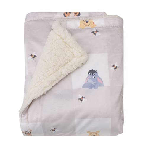 Disney Winnie The Pooh Hugs and Honeycombs Grey and White Plaid with Piglet, Tigger and Eeyore Super Soft Sherpa Baby Blanket - color: Winnie the Pooh - Hugs and Honeycombs