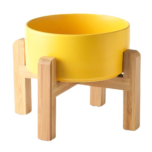6'' Ceramic Raised Dog Bowl - 30Oz Dog Food & Water Bowl with Elevated Non-Slip Bamboo Stand, Dishwasher & Microwave Safe, Anti Vomiting Heavy Duty Pet Bowl for Small and Medium Dogs, Yellow - color: 1 x Bowl + Stand - Yellow, size: 6 inch