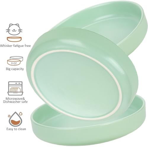 Ceramic Cat Bowls,Shallow Cat Dishes for Food and Water, 6 inch Matte Finish Wide Cat Food Bowl,Whisker Fatigue Free Pet Puppy Kitten Bowl Set of 3,Dishwasher Safe - color: Mint green