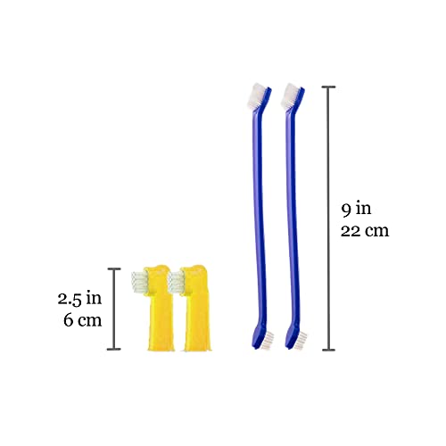 SunGrow Dog & Ferret Toothbrush Set of 4, 2 Long Dual-Headed and 2 Finger Brush, Blue and Yellow, Puppy, Cat, and Small Breed Dog, 9-Inches and 2.5-Inches