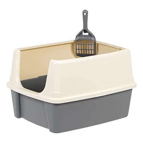 Amazon Basics Large Cat Litter Box with High Sides, Open Top for Easy Access, Includes Scoop with Storage, 19" x 15" x 11.75", Grey/Beige - color: Grey/Beige, style: Open Top