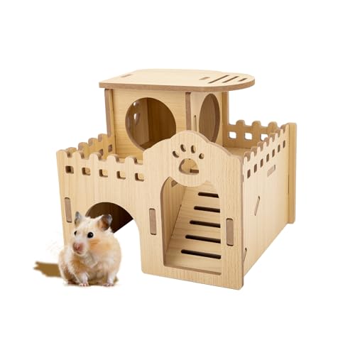 Natural Wood Hamster Habitat Hideout Cage Accessories, Maze Cabin with Fun Slide & Double-Decker House, Exercise Toys for Dwarf Hamsters, Gerbils, Mice, Other Small Animals(Only for Small Hamster D)