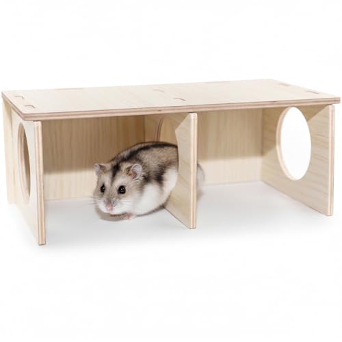 Hamster Peep Tunnel, 2-Chamber Wooden Hamster Hideout, Water-Resistant Platform for Dwarf Hamsters and Small Pets, 8.3" x 4.3" x 3.1" - size: Medium for Dwarf Hamster