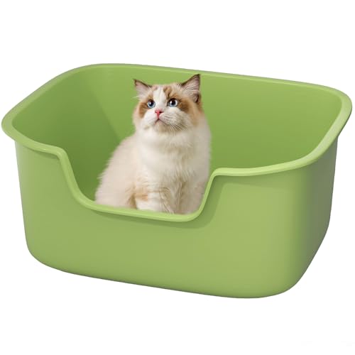 Large Cat Litter Box with High Sides, Side Entry Open Top Deep Tall Litter Pan, Kitty Litter Box for Indoor Small and Medium Cats, Green (Anti-Splashing) 19.7" L x 15.4" W x 8.6" H - color: Green