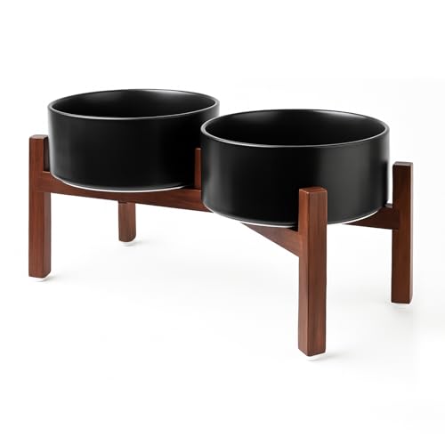 SPUNKYJUNKY Raised Ceramic Dog Bowls Set with Non-Slip Acacia Wood Stand for Medium Sized Dog(42.27 OZ, Black) - color: Black, size: 42.27 Oz