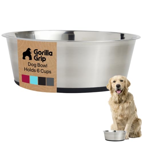 GORILLA GRIP Dog Bowl, Holds 6 Cups (48 fl oz), Food Grade 304 Stainless Steel Food and Water Bowl for Feeding Dogs and Cats, BPA Free Rubber Base, Easy Clean, Dishwasher Safe, Rust Resistant, Black - color: Black, size: 6 Cup (48 Oz)
