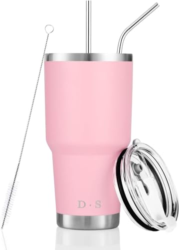 D·S 30 oz Pink Tumbler Double Wall Vacuum Insulated Travel Coffee Mug | Double Wall Vacuum Suit Cold and Hot Drink Fits in standard car cup holders With Splash-Proof Lid - color: Pink