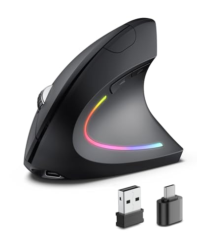 POJTK Wireless Rechargeable Ergonomic Mouse, Bluetooth+USB A+Type C(3 in 1) Connection, Up to 4800 DPI, 6 Silent Buttons, 2.4GHz Carpal Tunnel Vertical Mice, for Desktop,Laptop,MacBook-Black-Upgraded