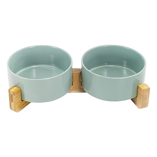 SPUNKYJUNKY Ceramic Dog and Cat Bowl Set with Wooden Stand, Modern Cute Weighted Food Water Set for Small Size Dogs (13.5OZ) & Medium Sized Dogs (28.7OZ) & Cats (3.6 Cups, 2 × Morandi Green) - color: Morandi Green × 2, size: 3.6 cups
