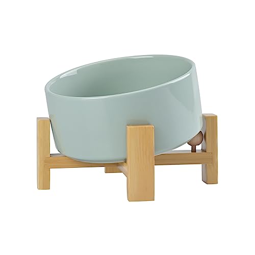 SPUNKYJUNKY 15° Slanted Ceramic Dog and Cat Bowl with Wooden Stand, Tilted Bulldog Food and Water Bowl No Slip Non-Spill for Cats Medium Dogs Big Face Pets 28.7 OZ (3.6 Cups, Morandi Green) - color: Morandi Green, size: 3.6 CUPS × 1
