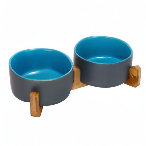 SPUNKYJUNKY Ceramic Dog and Cat Bowl Set with Wooden Stand, Modern Cute Weighted Food Water Set for Small Size Dogs (13.5OZ) & Medium Sized Dogs (28.7OZ) & Cats (3.6 Cups, 2 × Blue-Grey) - color: Blue-Grey × 2, size: 3.6 cups