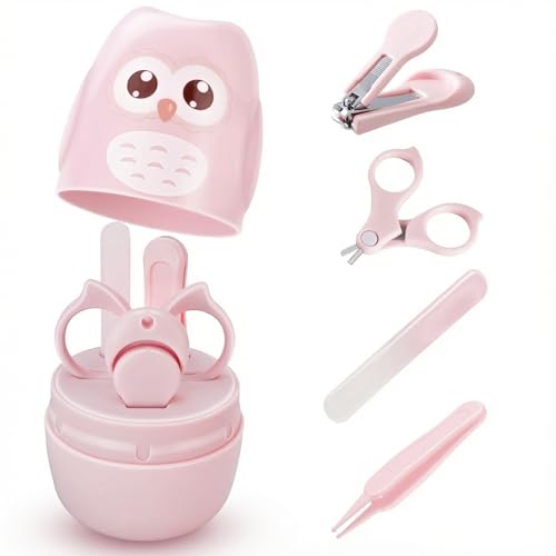 Baby Nail Kit with Owl Case, 4-Piece Infant Manicure Set, Pink | Infant Nail Clippers, Rounded Safety Scissors, Gentle File, Tweezers, Newborn and Toddler Friendly - color: Pink