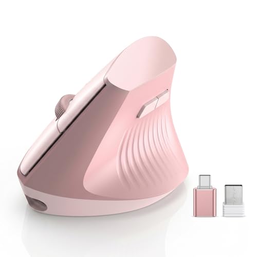 Ergonomic Wireless Vertical Mouse Pink, Bluetooth Mouse with BT5.0/4.0 & 2.4G+USB-C Adapter, Rechargeable Silent, 4 Adjustable DPI Levels, Multi-Device Computer for MacBook, Laptop, PC, Home Office - color: Pink