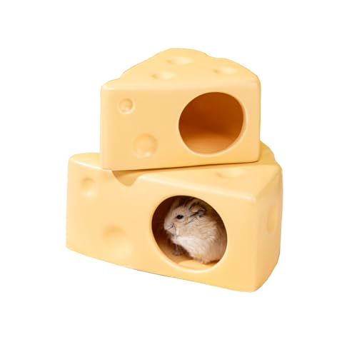 Hamster Hideout Ceramic,Cheese Shape Funny Small Animal Pet Bed for Hamster,MINI Hut Cave Cage Accessories for Dwarf Hmaster,Gerbils,Small Guinea Pig and Hedgehog (Small,Yellow) - size: Medium