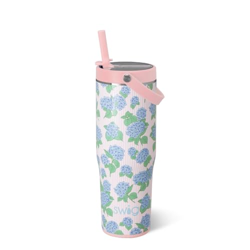 Swig Life 30oz Leakproof To-Go Tumbler with Handle, Hydrangeas | Leakproof Lid - Triple Insulated Stainless Steel - Handle & Straw Included - Cup Holder Friendly - Dishwasher Safe - color: Hydrangeas