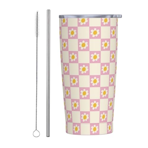 Checkerboard Daisies Tumbler with Lid and Straw Checkered Floral 20oz Insulated Stainless Steel Cup Flowers Travel Coffee Mug Water Bottle for Women Gift for Birthday Christmas - color: Pink Beige
