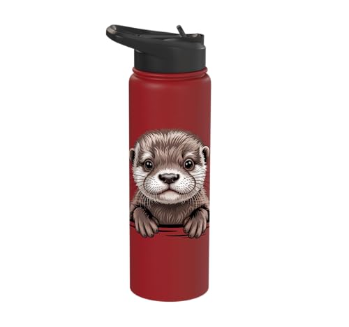 Cute Otter Pup Funny Peeking Pocket Animals Stainless Steel Insulated Water Bottle - color: Red