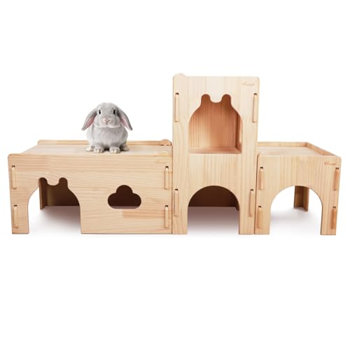 Niteangel Wooden Rabbit Castle and Hideout - Spacious and Breathable Bunny House Tunnel for Rabbit Chinchilla Guinea Pigs or Other Small-Sized Pets (Full Set Castle)