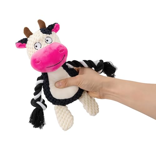 Interactive Puppy Toy, Plush Squeaky Dog Toy with Crinkle Paper Rope (White & Pink) - color: White & Pink