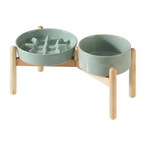 Havniva Elevated Slow Feeder Dog Bowls, Ceramic Dog Bowl Slow Feeder Set | 1.2 Cups Raised Slow Feeder Dog Bowl for Small Breed, 6.1” Dog Water Bowl with Wooden Stand, Puzzle Dog Food Bowl, Non-slip - color: Light Green