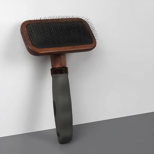 Premium Bamboo Slicker Brush for Dogs & Cats, Wooden Pet Grooming Brush with Soft Stainless Steel Pins & TPR Comfort Grip Handle, Removes Loose Hair, Mats & Tangles