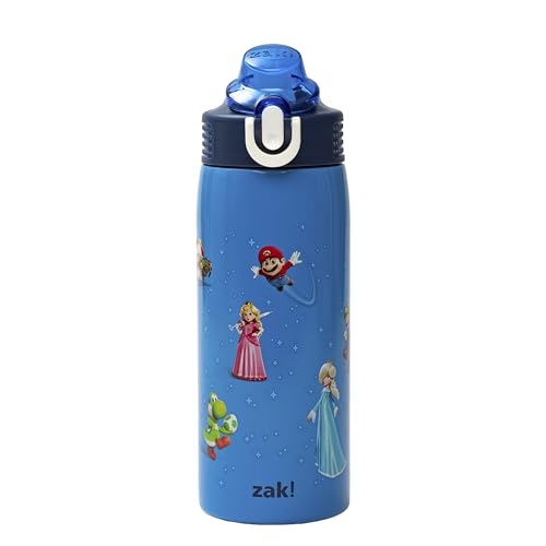 Zak Designs Super Mario Movie Sage 19oz Leak-Proof Straw Kids Water Bottle | BPA Free, Insulated Stainless Steel, Cupholder Friendly, Dishwasher Safe, Lid Lock, Handle, For School, Home, Travel, Outdoor - color: Mario Movie 2