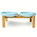Shallow Elevated Cat Bowls with Bamboo Stand, 6.1 Inch Wide Ceramic Cat Dish Whisker Friendly, 2 Pack Pet Food and Water Plates - color: Sky blue elevated