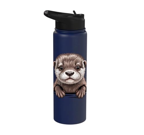 Cute Otter Pup Funny Peeking Pocket Animals Stainless Steel Insulated Water Bottle - color: Navy Blue