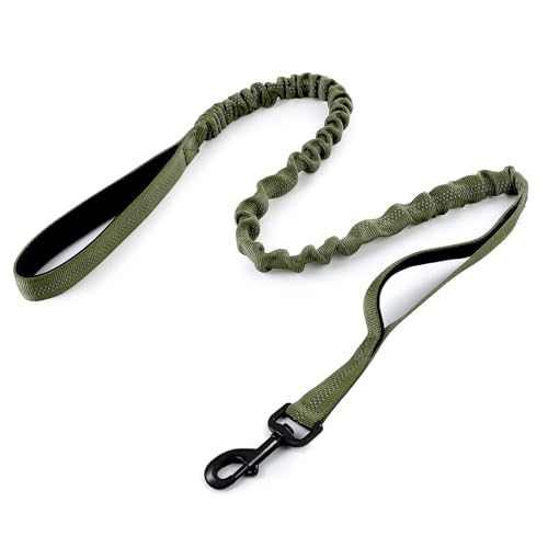 rabbitgoo Tactical Dog Leash, Heavy Duty Training Bungee Lead | Military Leash with 2 Padded Control Handles for Medium Large Dogs, No Pull for Shock Absorption, Reflective, Green, 5.2FT - color: Green, size: Max: 5.2ft