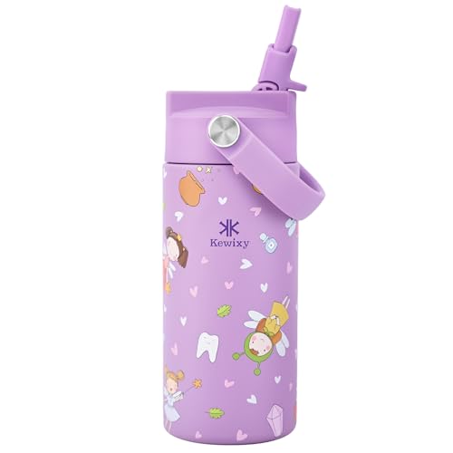 KEWIXY 14oz Water Bottle with Straw, Easy Slide Lid, Leak Proof, Keep Cold 24H, Vacuum Insulated, Metal Stainless Steel with Handle for School, Tooth Fairy - color: Tooth Fairy, size: 14 Ounces