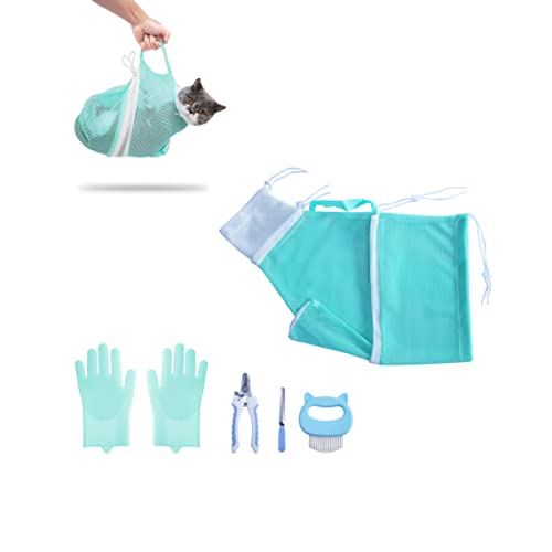 KlerRoem Cat Bathing Bag, Adjustable Anti-bite and Anti-Scratch Cat Shower Mesh Grooming Bag for Pet Dogs and Cats, Includes Pet Nail Clipper, Nail File, Grooming Glove, and Cat Shell Comb - color: Green Set