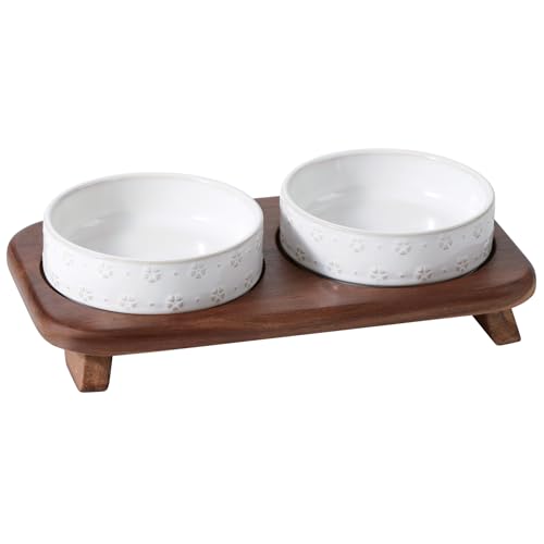 Havniva Ceramic Cat Food Bowl, 6.1" Raised Cat Bowls with Acacia Wood Stand | Elevated Cat Bowls, Whisker Friendly, Extra Wide Opening, Aesthetic Cat Dishes, Elegant Pet Bowls, Food-grade Ceramic, Kitten - color: 2 Bowls+Stand- Arctic White
