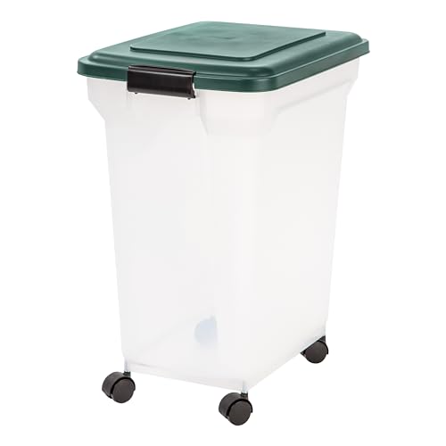 IRIS USA Remington WeatherPro Airtight Dog Food Storage Container, Up to 42 lbs, Attachable Wheels, For Dog Cat Bird and Other Pet Food Storage Bin, Keep Fresh, Translucent Body, Green - size: 42 lbs