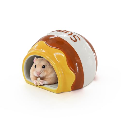 WishLotus Ceramic Hamster Hideout, Cute Honey Jar Shaped Hamster House, Large-Opening Small Animal Hideout, Small Animal Hideout Habitat Decor for Dwarf Hamsters Gerbils Chinchilla (Yellow-Brown) - color: Yellow-Brown