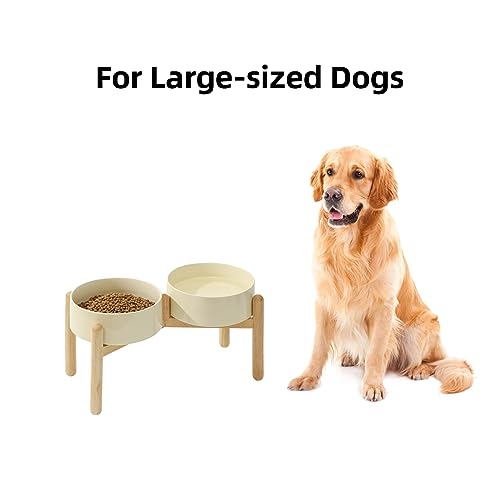 Havniva Elevated Dog Bowls Ceramic Dog Bowls with Stand, Dog Food Bowl | 8.3” Raised Dog Bowls with Non-Slip Wood Stand, Dog Food and Water Bowl Set, Double Dog Feeding Bowls for Large Dogs - color: 2 Bowls+Stand - Light Yellow, size: 8.3inch