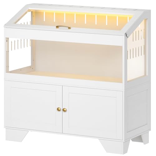 HOOBRO Large Hamster Cage, Acrylic Hamster Habitat with Storage Cabinet and Led Light Strip, Big Hamster Enclosure with Flip-Top Lid, Easy to Clean, 39.4" x 18.9" x 42.5", White WT01AC03G1