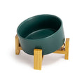 SPUNKYJUNKY 15° Slanted Ceramic Dog and Cat Bowl with Wooden Stand, Tilted Bulldog Food and Water Bowl No Slip Non-Spill for Cats Medium Dogs Big Face Pets 28.7 OZ (3.6 Cups, Green) - color: Green, size: 3.6 CUPS × 1