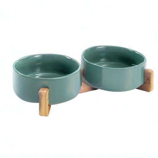 SPUNKYJUNKY Ceramic Dog and Cat Bowl Set with Wooden Stand, Modern Cute Weighted Food Water Set for Small Size Dogs (13.5OZ) & Medium Sized Dogs (28.7OZ) & Cats (1.7 Cups, 2 × Light Green) - color: Light Green × 2, size: 1.7 cups