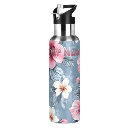 Custom Pink Hibiscus Flower Water Bottle Kids Stainless Steel Bottle with Straw Lid Personalized Name Boys Girls Insulated Cup for School 20 oz - color: Multi103