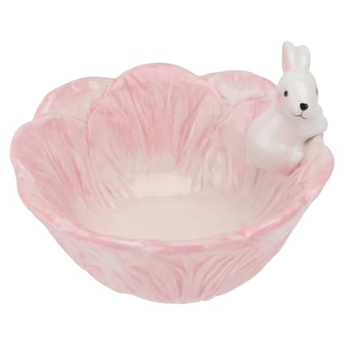 Yardwe Pink Ceramic Bunny Bowl, 5.9 Inch Cabbage Leaf Shaped Rabbit Dish for Easter Candy Dessert Snack, Cute Porcelain Animal Cereal Soup Serving Bowl for Home Kitchen Table Decoration