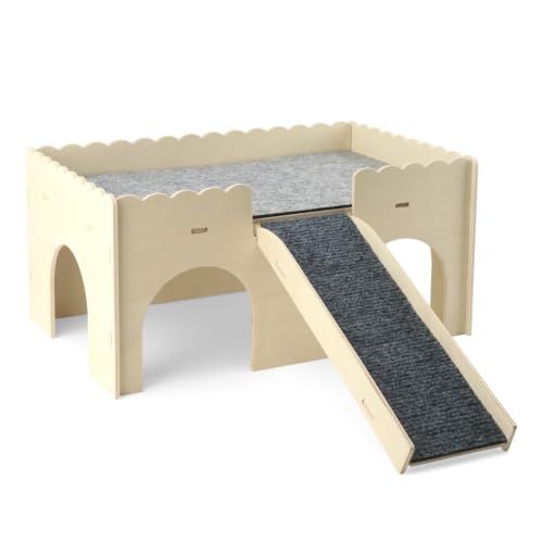 Extra Large Wooden Guinea Pig House Castle with Ramp and Fleece Mat, 2-Story Detachable Chew Proof Small Animal Hideout Hut, Easy to Assemble Wooden Hideaway for Bunny, Hamster, Chinchilla, Beige