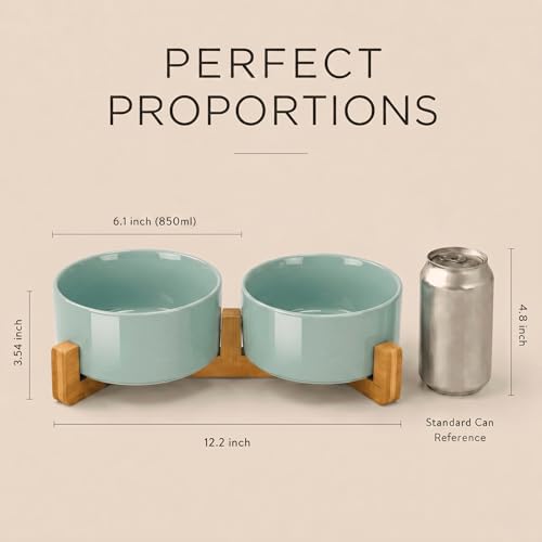 SPUNKYJUNKY Ceramic Dog and Cat Bowl Set with Wooden Stand, Modern Cute Weighted Food Water Set for Small Size Dogs (13.5OZ) & Medium Sized Dogs (28.7OZ) & Cats (3.6 Cups, 2 × Morandi Green) - color: Morandi Green × 2, size: 3.6 cups