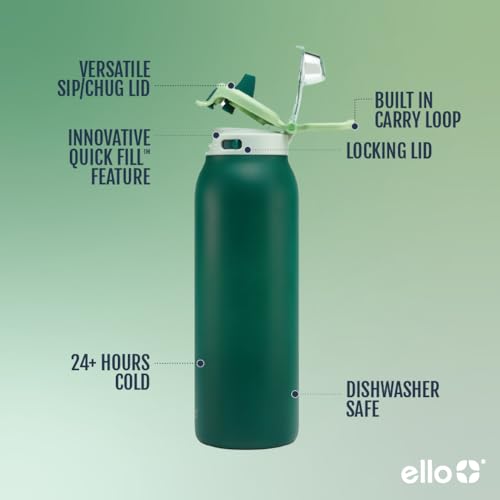 Ello Pop & Fill Insulated Stainless Steel Water Bottle with Quick Fill Lid, Leakproof Locking, Sip or Chug Spout, BPA-Free, Double Wall Vacuum Insulated for Sports, Travel & School- 22oz / 32oz / 40oz - color: Forest Mist, style: 22oz